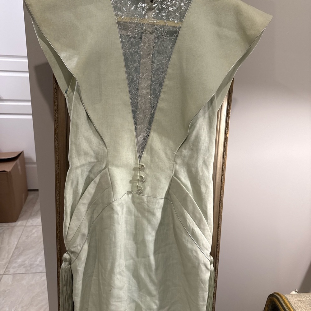 Unique Gorgeous Light Green Dress with Lace Detail and Tassels